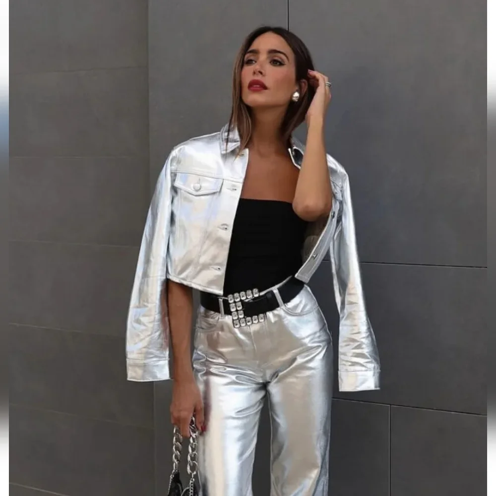 Zara SET  2 pc Metallic Crop Jacket and  Jeans size S and 0 Silver Foil_4